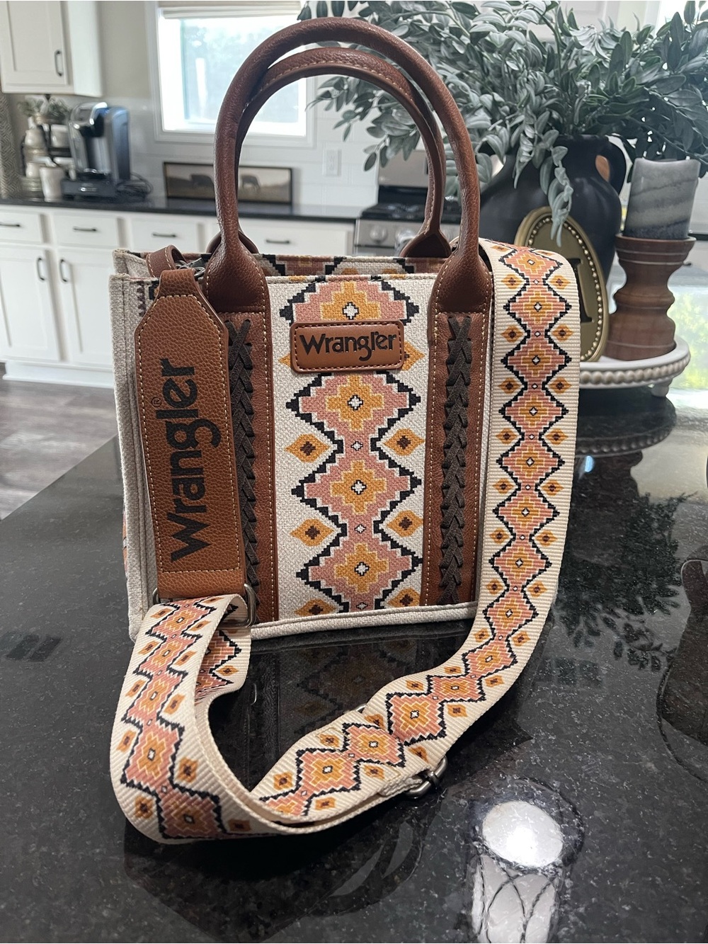 Wrangler Brown & Cream Geometric Satchel with Patterned Strap